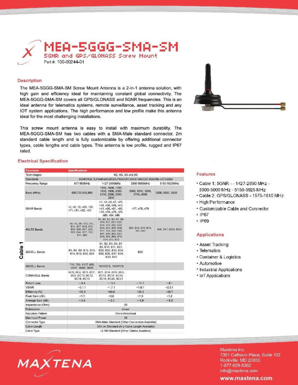 Maxtena MEA-5GGG-SMA-SM 5GNR and GPS/GLONASS Screw Mount
